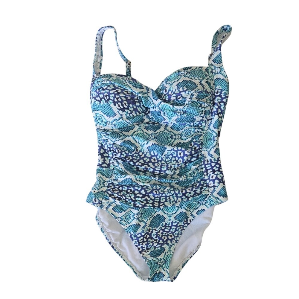 La Blanca Blue Snakeskin‎ Ruched One Piece Swimsuit LB5MP891 Sweetheart Neck 10